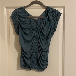 Free People Teal Ruched V-Neck Blouse